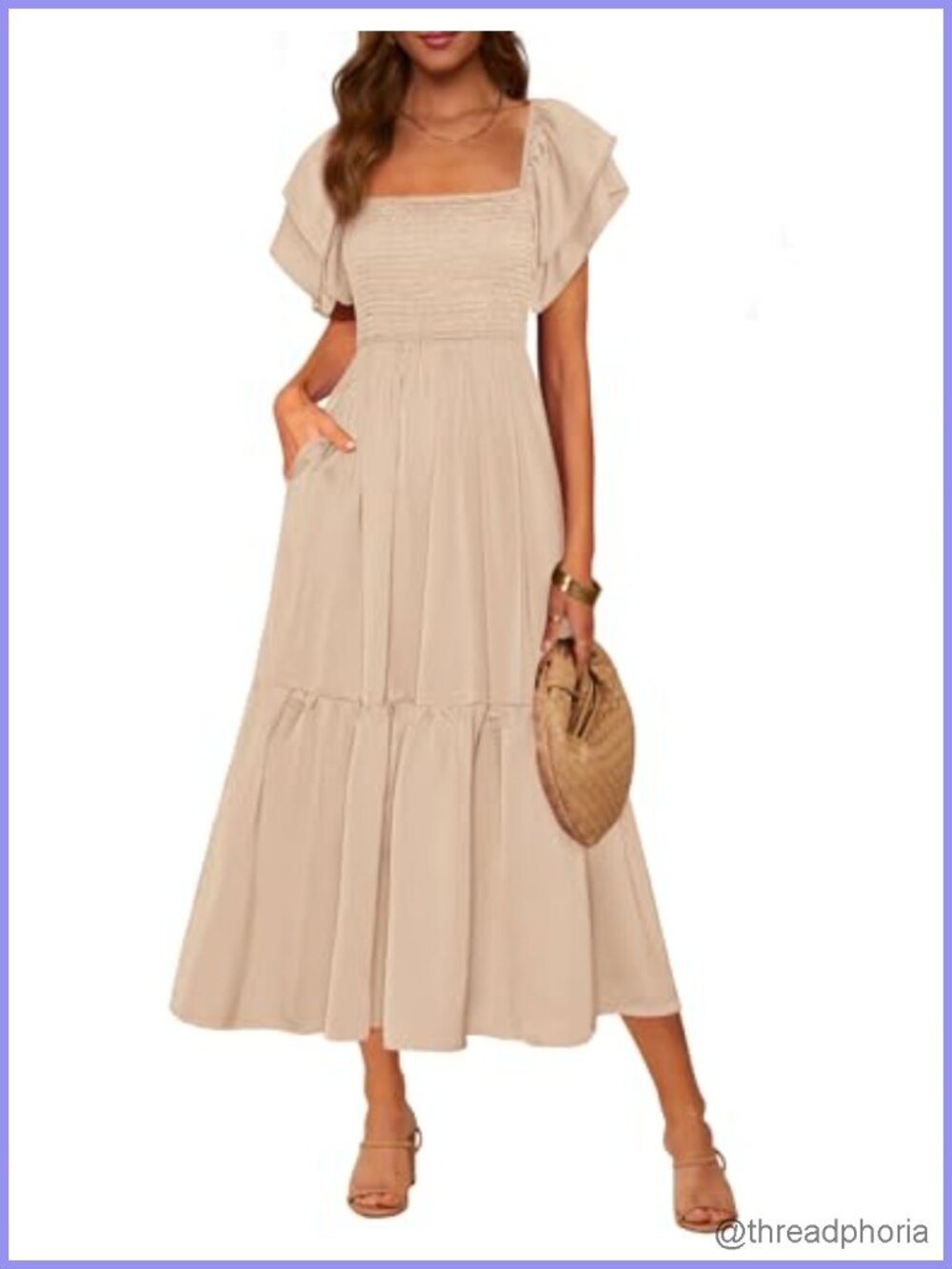 Womens Smocked Bodice Midi Dress Square Neck Ruffle Sleeve Flowy Tiered with